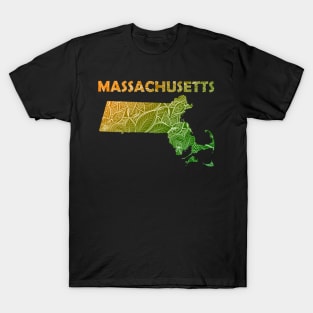 Colorful mandala art map of Massachusetts with text in green and orange T-Shirt